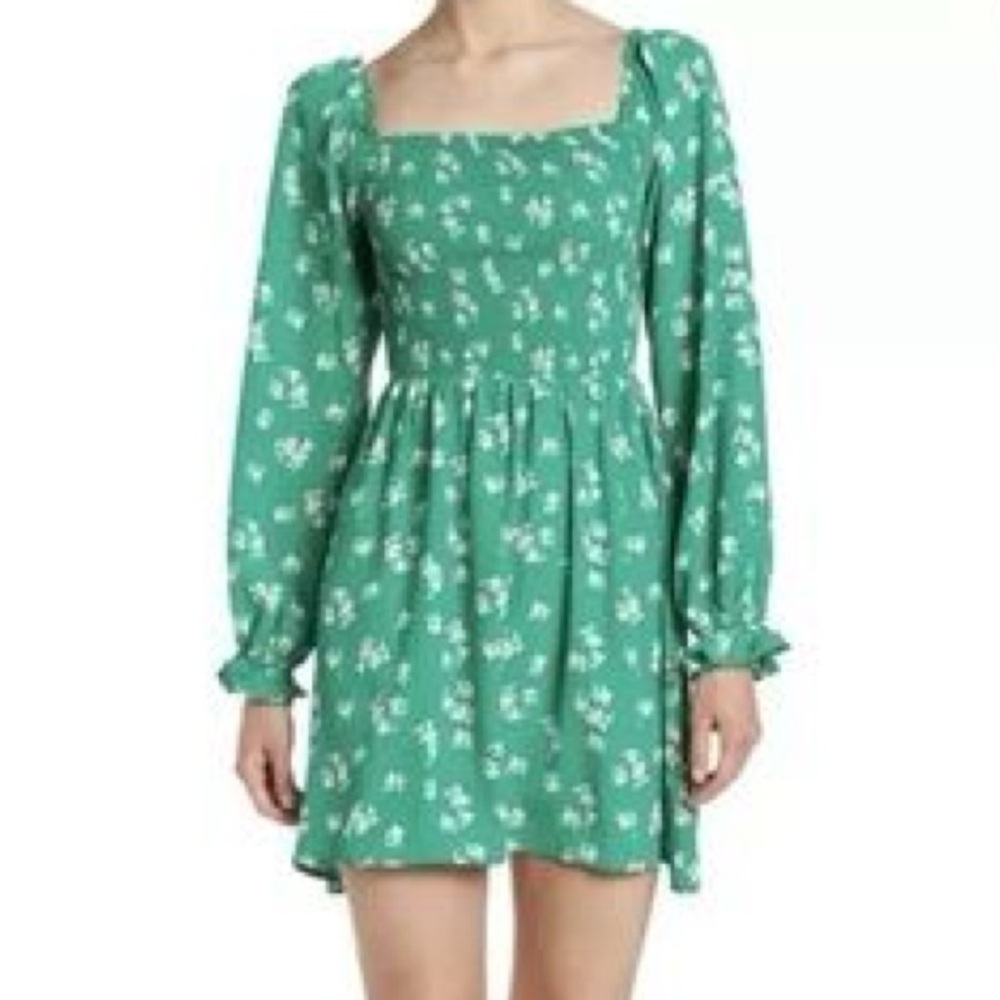 WAYF Smocked Bodice Long Sleeve Mini Dress in Green Ditsy - NEW - Small